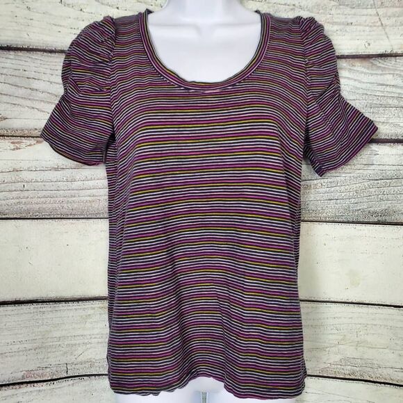 Ann Taylor LOFT Women’s Top XS Navy Multicolor Striped Puff Sleeve Tee - Picture 1 of 5